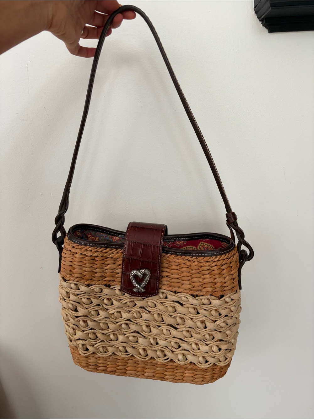Vintage Woven Straw Shoulder Bag with Brown Leather Trim